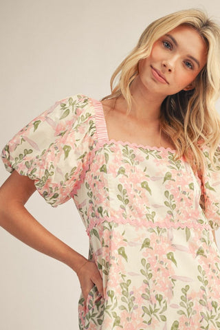 Jodifl Square Neck Midi Floral Dress with Puff Sleeves-Women's Dresses-Simply Blessed Children's Boutique