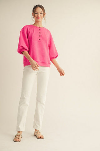 Jodifl Textured Puff Sleeve Henley Top-Women's Tops-Simply Blessed Children's Boutique