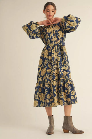 Jodifl Women's Blue Floral Button Front Midi Dress with Waist Tie-Women's Dresses-Simply Blessed Children's Boutique