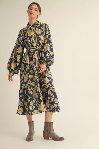 Jodifl Women's Blue Floral Button Front Midi Dress with Waist Tie-Women's Dresses-Simply Blessed Children's Boutique