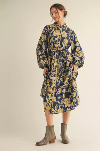 Jodifl Women's Blue Floral Button Front Midi Dress with Waist Tie-Women's Dresses-Simply Blessed Children's Boutique