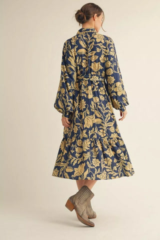 Jodifl Women's Blue Floral Button Front Midi Dress with Waist Tie-Women's Dresses-Simply Blessed Children's Boutique