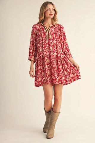 Jodifl Women's Boho Wine Floral Print V-Neck Mini Dress-Women's Dresses-Simply Blessed Children's Boutique