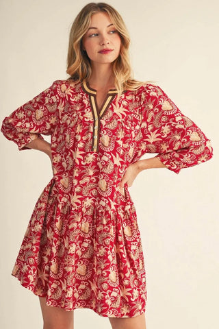 Jodifl Women's Boho Wine Floral Print V-Neck Mini Dress-Women's Dresses-Simply Blessed Children's Boutique