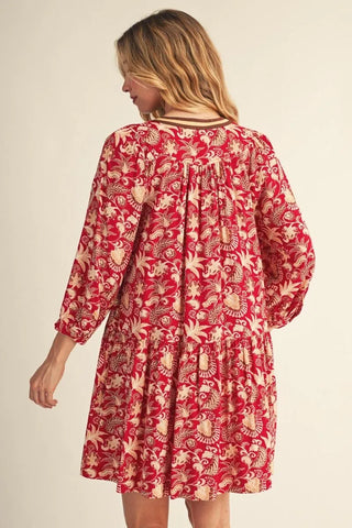 Jodifl Women's Boho Wine Floral Print V-Neck Mini Dress-Women's Dresses-Simply Blessed Children's Boutique
