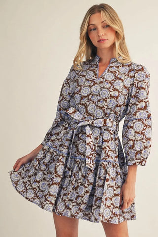 Jodifl Women's Blue and Brown Floral V-Neck Dress with Waist Tie-Women's Dresses-Simply Blessed Children's Boutique