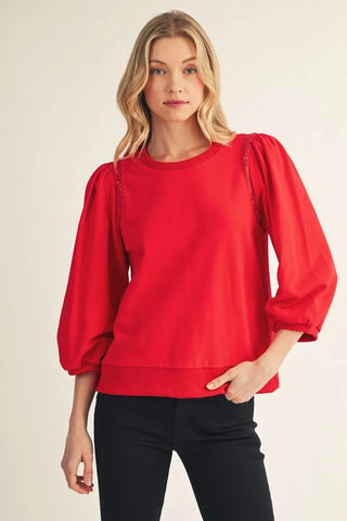 Jodifl Women's Casual Red Top with Crochet Trim-Women's Long Sleeve Shirts-Simply Blessed Children's Boutique