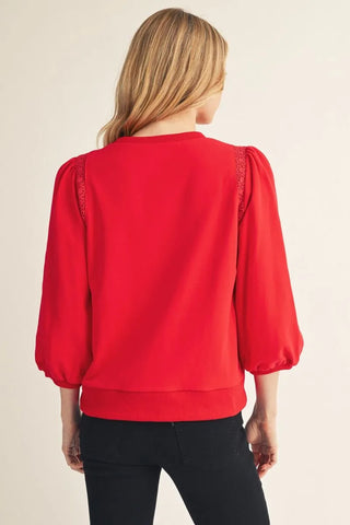 Jodifl Women's Casual Red Top with Crochet Trim-Women's Long Sleeve Shirts-Simply Blessed Children's Boutique