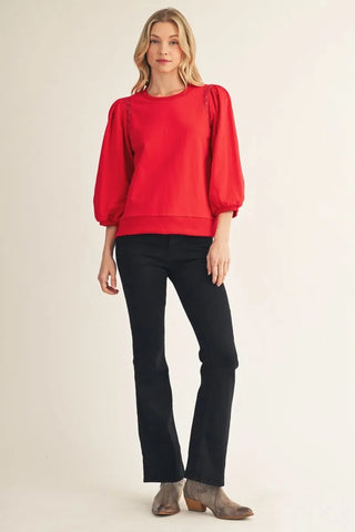 Jodifl Women's Casual Red Top with Crochet Trim-Women's Long Sleeve Shirts-Simply Blessed Children's Boutique