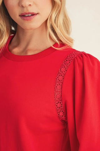 Jodifl Women's Casual Red Top with Crochet Trim-Women's Long Sleeve Shirts-Simply Blessed Children's Boutique