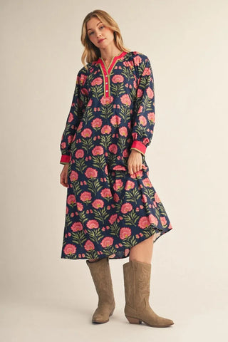 Jodifl Women's Navy Floral Button Up Midi Dress with Waist Tie-Women's Dresses-Simply Blessed Children's Boutique