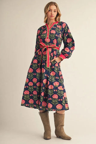 Jodifl Women's Navy Floral Button Up Midi Dress with Waist Tie-Women's Dresses-Simply Blessed Children's Boutique