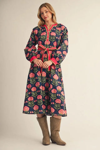Jodifl Women's Navy Floral Button Up Midi Dress with Waist Tie-Women's Dresses-Simply Blessed Children's Boutique