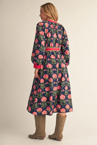 Jodifl Women's Navy Floral Button Up Midi Dress with Waist Tie-Women's Dresses-Simply Blessed Children's Boutique