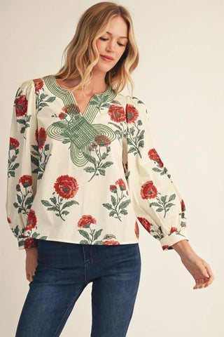 Jodifl Women's Red Floral Blouse with Embroidered V-Neck-Women's Long Sleeve Shirts-Simply Blessed Children's Boutique