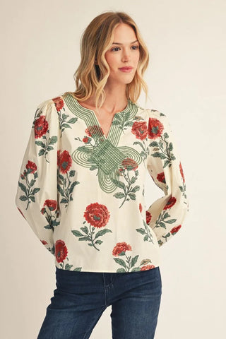 Jodifl Women's Red Floral Blouse with Embroidered V-Neck-Women's Long Sleeve Shirts-Simply Blessed Children's Boutique