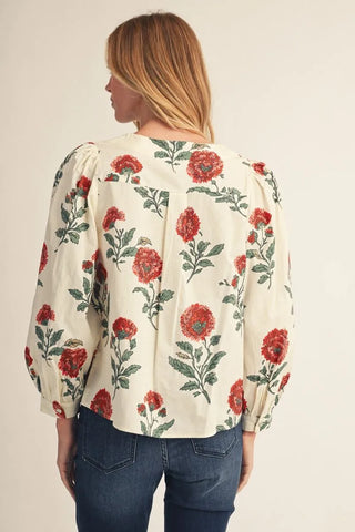 Jodifl Women's Red Floral Blouse with Embroidered V-Neck-Women's Long Sleeve Shirts-Simply Blessed Children's Boutique