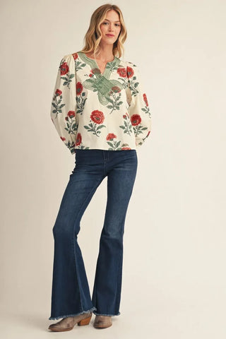 Jodifl Women's Red Floral Blouse with Embroidered V-Neck-Women's Long Sleeve Shirts-Simply Blessed Children's Boutique
