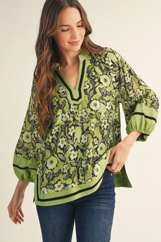 Jodifl Women's Green Floral Puff Sleeve V-Neck Top-Women's Long Sleeve Shirts-Simply Blessed Children's Boutique
