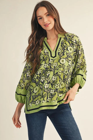Jodifl Women's Green Floral Puff Sleeve V-Neck Top-Women's Long Sleeve Shirts-Simply Blessed Children's Boutique