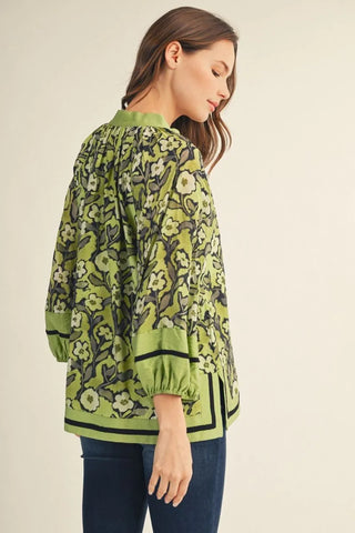 Jodifl Women's Green Floral Puff Sleeve V-Neck Top-Women's Long Sleeve Shirts-Simply Blessed Children's Boutique