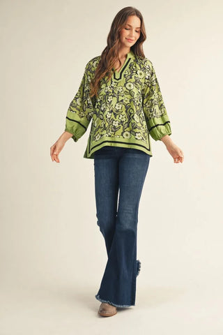 Jodifl Women's Green Floral Puff Sleeve V-Neck Top-Women's Long Sleeve Shirts-Simply Blessed Children's Boutique