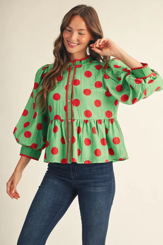 Jodifl Women's Red and Green Polka Dot Button Down Blouse-Women's Long Sleeve Shirts-Simply Blessed Children's Boutique