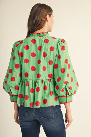 Jodifl Women's Red and Green Polka Dot Button Down Blouse-Women's Long Sleeve Shirts-Simply Blessed Children's Boutique