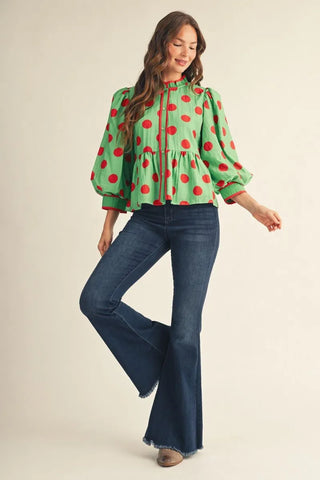Jodifl Women's Red and Green Polka Dot Button Down Blouse-Women's Long Sleeve Shirts-Simply Blessed Children's Boutique