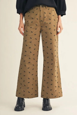 Jodifl Women's Khaki Equestrian Print Wide Leg Pants-Women's Jeans-Simply Blessed Children's Boutique