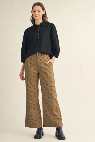 Jodifl Women's Khaki Equestrian Print Wide Leg Pants-Women's Jeans-Simply Blessed Children's Boutique