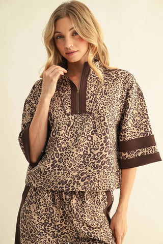 Jodifl Faux Suede Leopard Zip Up Top with Brown Trim-Women's Short Sleeve Shirt-Simply Blessed Children's Boutique