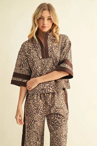 Jodifl Faux Suede Leopard Zip Up Top with Brown Trim-Women's Short Sleeve Shirt-Simply Blessed Children's Boutique