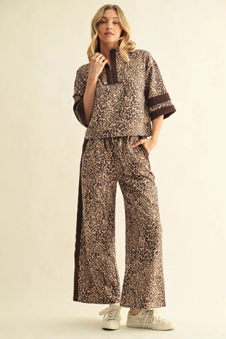 Jodifl Faux Suede Leopard Zip Up Top with Brown Trim-Women's Short Sleeve Shirt-Simply Blessed Children's Boutique