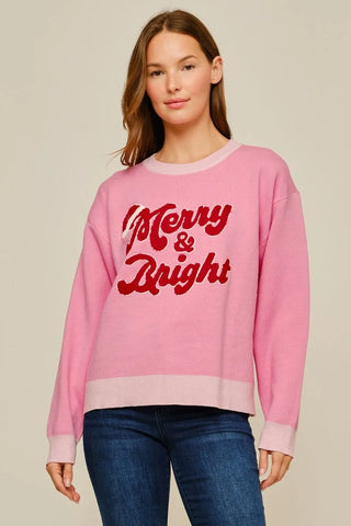 Jodifl Women's Pink Merry and Bright Christmas Sweatshirt-Women's Sweaters-Simply Blessed Children's Boutique