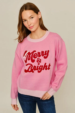 Jodifl Women's Pink Merry and Bright Christmas Sweatshirt-Women's Sweaters-Simply Blessed Children's Boutique