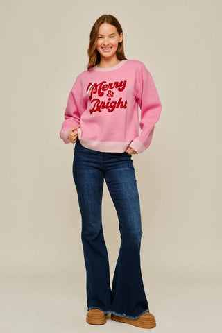 Jodifl Women's Pink Merry and Bright Christmas Sweatshirt-Women's Sweaters-Simply Blessed Children's Boutique