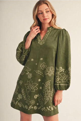 Jodifl Women's Olive Faux Suede Dress with Floral Embroidery-Women's Dresses-Simply Blessed Children's Boutique