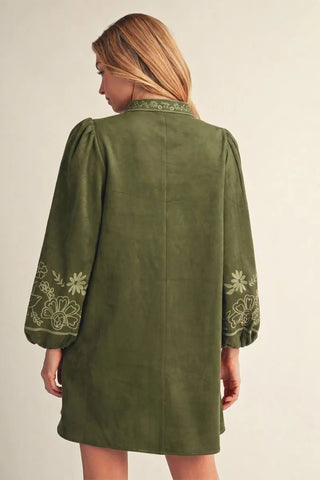 Jodifl Women's Olive Faux Suede Dress with Floral Embroidery-Women's Dresses-Simply Blessed Children's Boutique