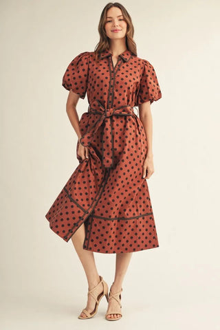 Jodifl Women's Brick Red Polka Dot Button Front Midi Dress with Waist Tie-Women's Dresses-Simply Blessed Children's Boutique
