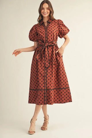 Jodifl Women's Brick Red Polka Dot Button Front Midi Dress with Waist Tie-Women's Dresses-Simply Blessed Children's Boutique
