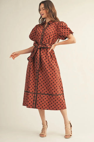 Jodifl Women's Brick Red Polka Dot Button Front Midi Dress with Waist Tie-Women's Dresses-Simply Blessed Children's Boutique