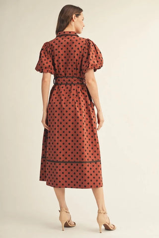 Jodifl Women's Brick Red Polka Dot Button Front Midi Dress with Waist Tie-Women's Dresses-Simply Blessed Children's Boutique