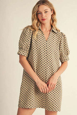 Jodifl Women's Tan V-Neck Puff Sleeve Dress with Navy Polka Dots-Women's Dresses-Simply Blessed Children's Boutique