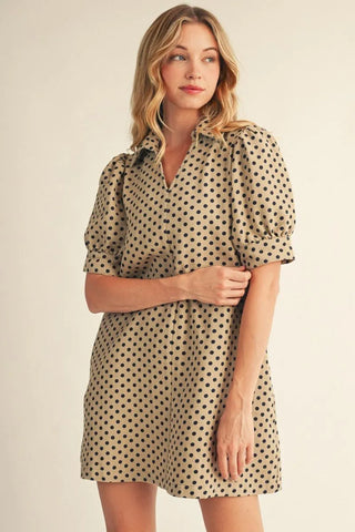 Jodifl Women's Tan V-Neck Puff Sleeve Dress with Navy Polka Dots-Women's Dresses-Simply Blessed Children's Boutique