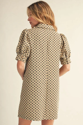 Jodifl Women's Tan V-Neck Puff Sleeve Dress with Navy Polka Dots-Women's Dresses-Simply Blessed Children's Boutique
