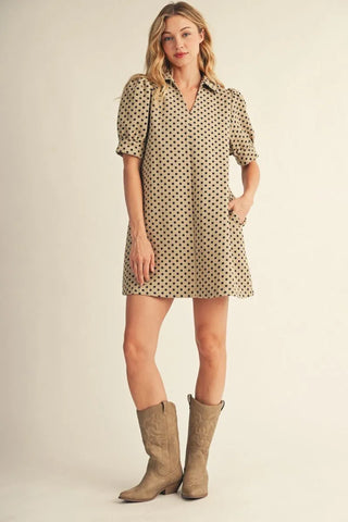Jodifl Women's Tan V-Neck Puff Sleeve Dress with Navy Polka Dots-Women's Dresses-Simply Blessed Children's Boutique