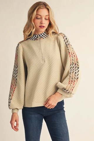 Jodifl Women's Half Zip Beige Top with Red Plaid Trim-Women's Long Sleeve Shirts-Simply Blessed Children's Boutique