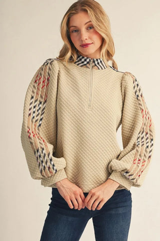 Jodifl Women's Half Zip Beige Top with Red Plaid Trim-Women's Long Sleeve Shirts-Simply Blessed Children's Boutique