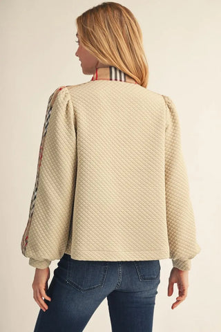 Jodifl Women's Half Zip Beige Top with Red Plaid Trim-Women's Long Sleeve Shirts-Simply Blessed Children's Boutique